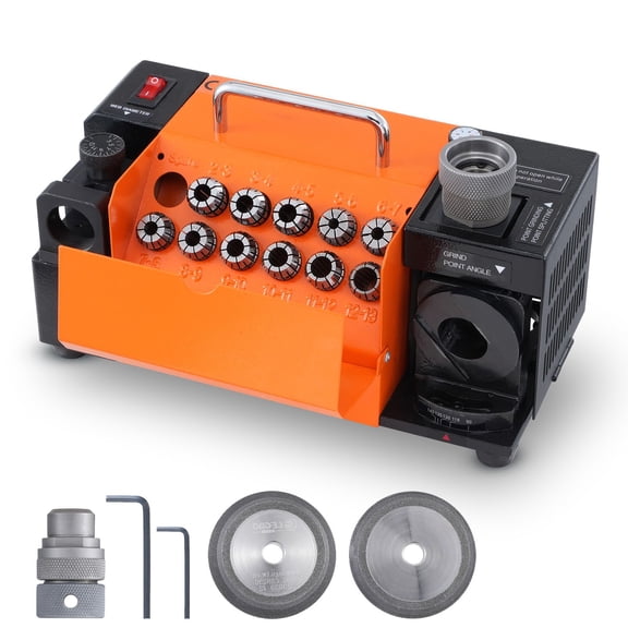 MR-13B Drill Bit Sharpener 3-13mm Portable Re-Sharpener with 95-135 Degree Point Angle, 4 Lip Relief Settings, 11 Collets, CBN and SDC Wheels for HSS, Tungsten Steel, Shop and DIY Use
