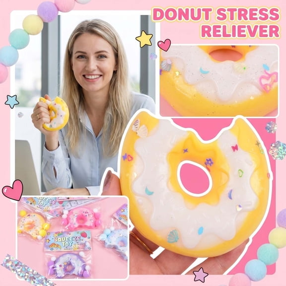 3.14" Donut Shaped Slow Rising Squishy Toys, 4 Styles Cute Food Squeeze Ball with Sprinkles Random Color, Perfect for Adults Desk Decor & Party Favors