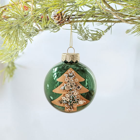 3.14 Inch Green Christmas Ornament Ball, Glossy Electroplated with Gold Glitter and Hand Painted Patterns, Shiny Tree Decoration for Elegant Holiday Decor, High End Xmas Ball