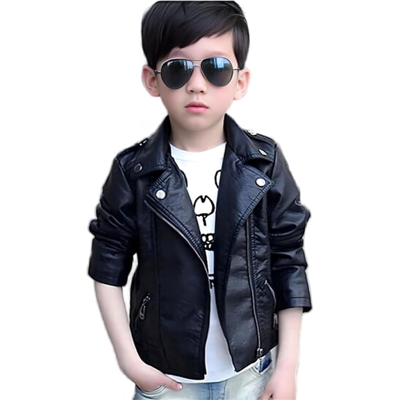 3-14 Years Boys Girls Spring Motorcycle Faux Leather Jackets with Oblique Zipper