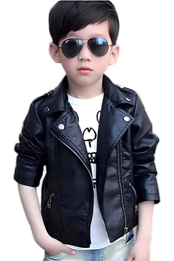 3-14 Years Boys Girls Spring Motorcycle Faux Leather Jackets with Oblique Zipper