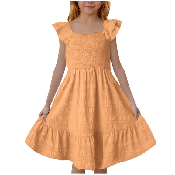 3-14 Years Toddler Kids Girls Dresses Lace Ruffle Sleeve Pleated Dress Tween Summer Tiered Casual Dress