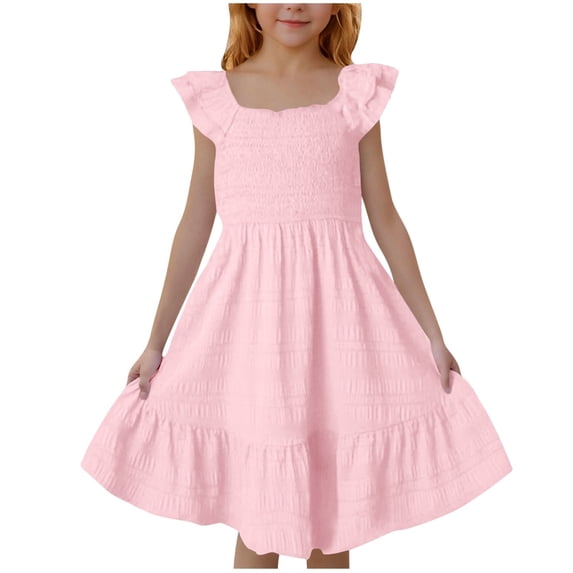 3-14 Years Toddler Kids Girls Dresses Lace Ruffle Sleeve Pleated Dress Tween Summer Tiered Casual Dress