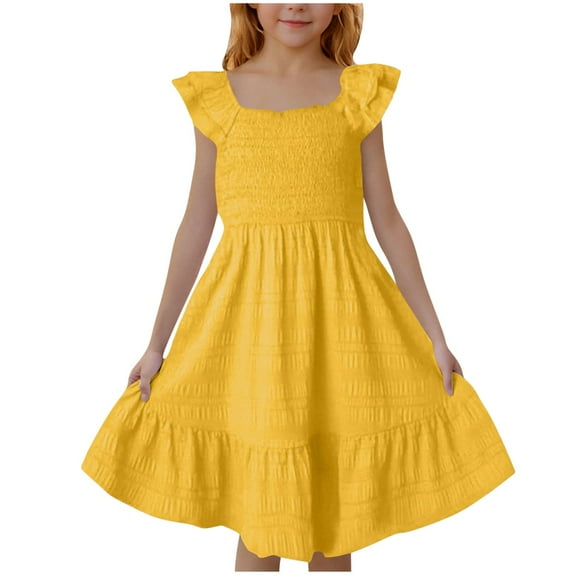 3-14 Years Toddler Kids Girls Dresses Lace Ruffle Sleeve Pleated Dress Tween Summer Tiered Casual Dress