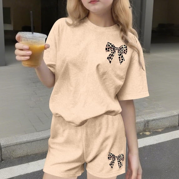 3-14Y Big Kids Girls Summer Printed Crew Neck Short Sleeve T-Shirt & Shorts Set, Casual Outfit Khaki 5-6 Years