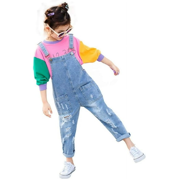 3-14Years Girls Jumpsuit Denim Overalls for Kids Big Kid Bib Overalls Girls Blue Adjustable Belts Denim Suspenders,Basic,3-4Y