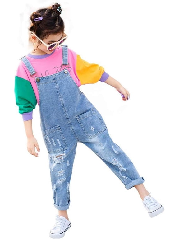 3-14Years Girls Jumpsuit Denim Overalls for Kids Big Kid Bib Overalls Girls Blue Adjustable Belts Denim Suspenders,Basic,7-8Y