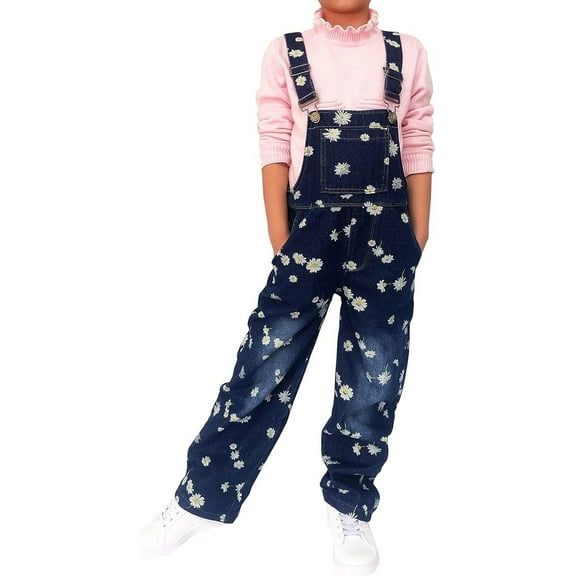 3-14Years Girls Jumpsuit Denim Overalls for Kids Big Kid Bib Overalls Girls Blue Adjustable Belts Denim Suspenders，Dark Blue,7-8Y
