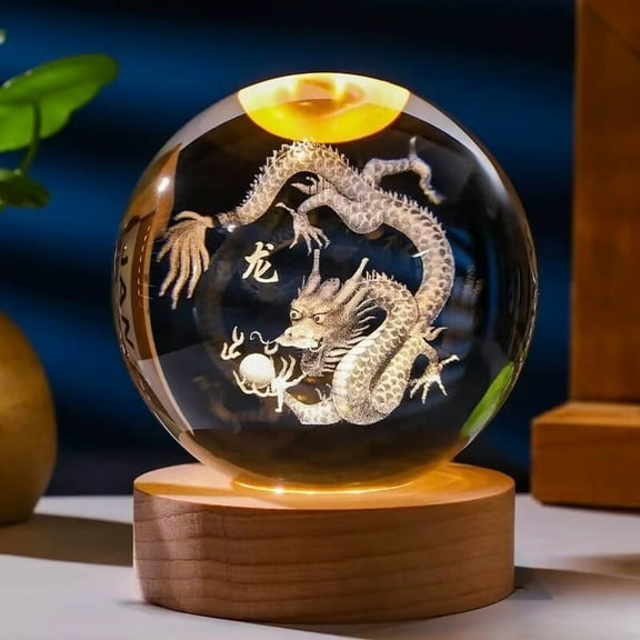 3.14in 3D Dragon Crystal Ball Engraved with WoodenBase, Figurines Gift for Men Women Glass Decor Ball for Home Decor