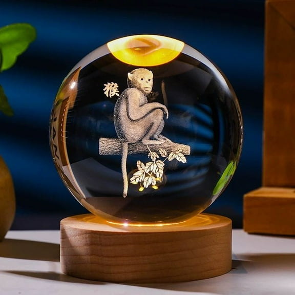 3.14in 3D Monkey Crystal Ball Engraved with WoodenBase, Figurines Gift for Men Women Glass Decor Ball for Home Decor