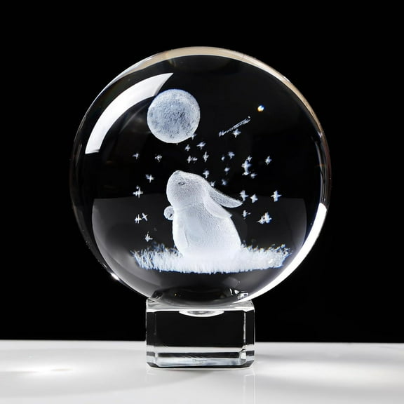 3.14in 3D Rabbit Crystal Ball Engraved with Crystal Base, Figurines Gift for Men Women Glass Decor Ball for Home Decor 