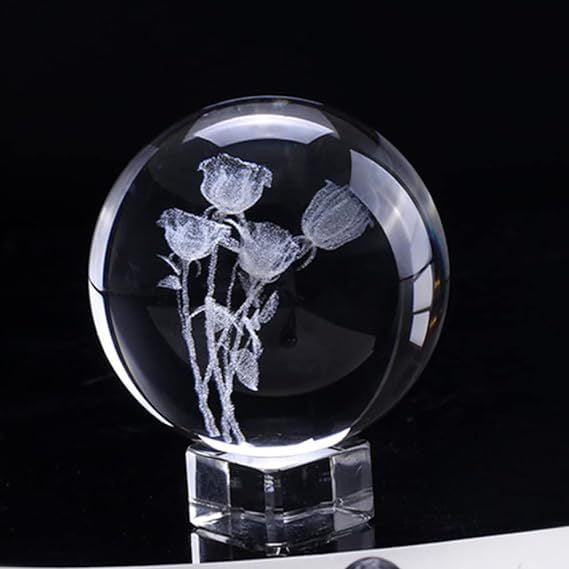 3.14in 3D Rose Crystal Ball Engraved with Crystal Base, Figurines Gift for Men Women Glass Decor Ball for Home Decor