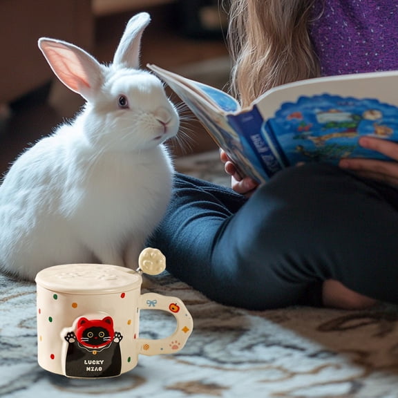 3.14in Mug Coffee Ceramic Cup Novel 3D Cat Pattern with Lid and Matching Spoon Cartoon Handmade Mug for Tea Milk Chocolate Juice for Home & Office Use, Chirstmas Birthday Gift Idea