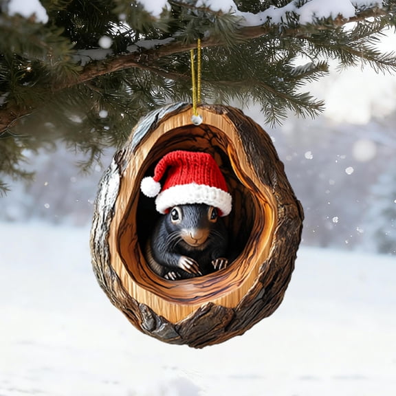 3.15 in Animal Christmas Decoration - Acrylic 2D Flat Christmas Tree Decoration, Cute Animal with Christmas Hat, for Home Holiday Car Decor(Black Squirrel Style)