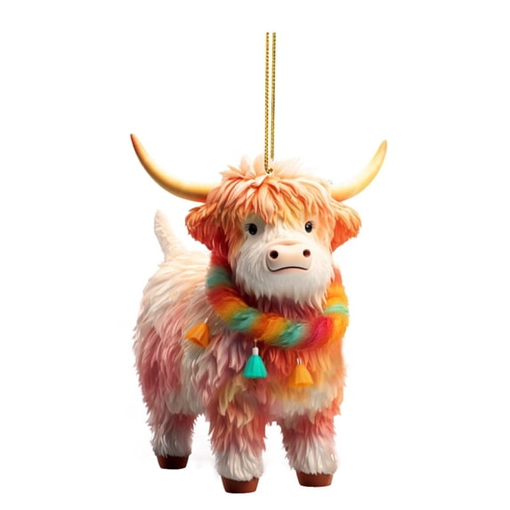 3.15" Christmas Highlands Cow Ornaments, Acrylic Cow Christmas Tree Hanging Decorations, Car Interior Xmas Pendants Indoor Decor for Home Party Holiday Car
