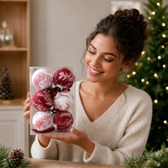 3.15" Christmas Printed Decorative Ball, Cloth Wrapped Retro Chinese Style Hanging Ornament with Velvet Ribbon, for Christmas Tree Door Window Wall Hanging (6pc,Assorted Colors)
