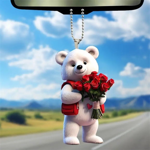 3.15" Cute White Bear with Red Roses Car Hanging Ornament, Rear View Mirror Accessories, Kawaii Valentines Day Gifts for Her, Romantic Backpack Charm Pendant, Home Party Tree Decoration Supplies