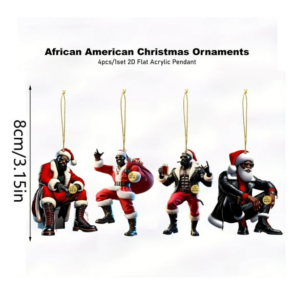 3.15 Inch 4-Piece African American Christmas 2D Acrylic Pendants - Trendy Santa Claus Style Festive Hanging Ornaments for Christmas Tree/Car Holiday Decor