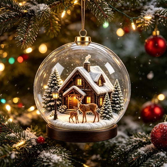 3.15 Inch Acrylic Christmas Tree Ornament, Shatterproof Winter Cabin Deer Holiday Hanging Decoration