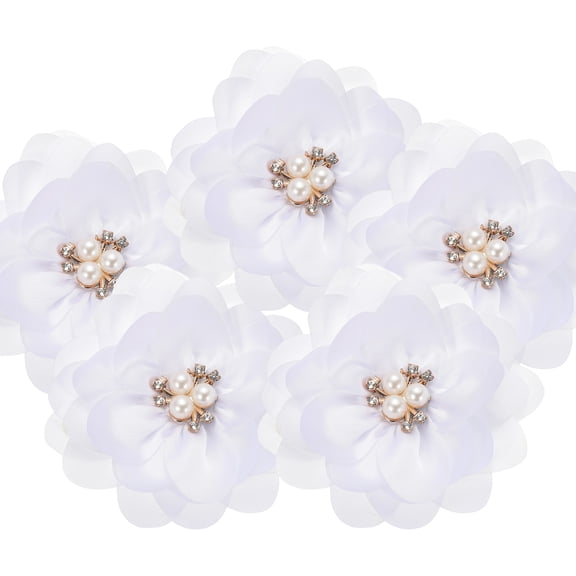 3.15 Inch Chiffon Flowers, 5 Pcs Fabric Flowers Rhinestone Pearl Large Camellia Sewing Appliques for DIY Crafts Dresses Clothing Headbands Wedding Party Decoration, White