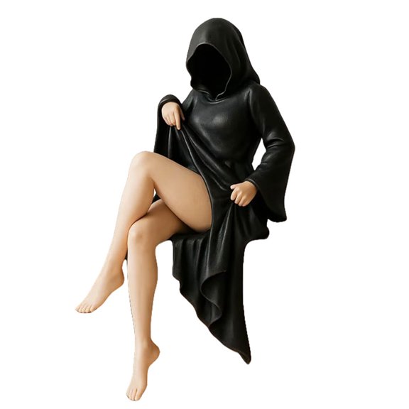 3.15 Inch Cross-Legged Hooded Woman Statue, Gothic Black Robe Shelf Figurine, Durable PLA Mini Desktop Decor for Bookshelf Office Nook (Style A, 8cm)