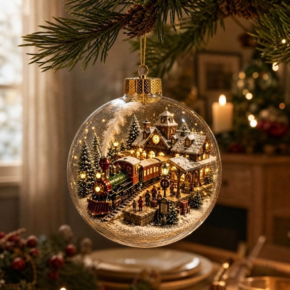 3.15 Inch LED Christmas Village Scene Ornament Light Up Transparent Acrylic Hanging Bauble with Winter Town Train Warm LED Glowing Xmas Tree Pendant for Home Decor Holiday Gift