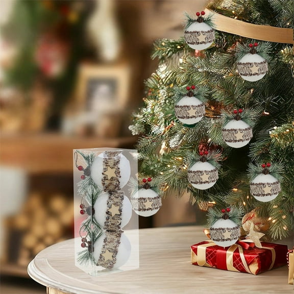 3.15 Inch Macaron Christmas Ornaments Set of 3 Glitter Foam Balls with Pine Cones Needles Plaid Bags for Xmas Tree Decorations Holiday Party Hanging Decor Crafts DIY