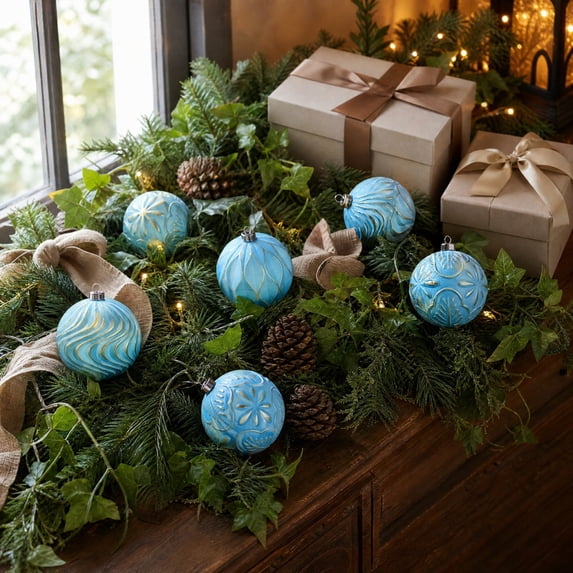 3.15 Inches 6 Pack Flocked Christmas Ball Ornaments, Multi-color Multi-style Xmas Tree Hanging Balls, Lightweight Plastic Baubles for Christmas & Various Party Decorations