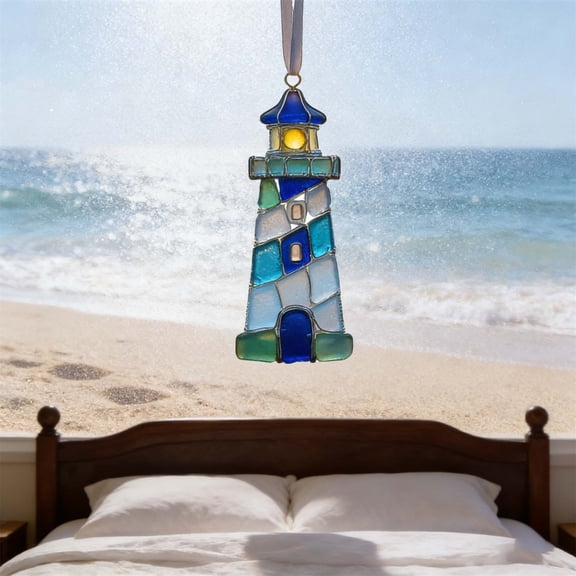 3.15 Inches Sea Glass Acrylic Stained Window Hanging Ornament, Lighthouse Pendant Hanging Ornament for Home Decor, Thoughtful Friendship Keepsake Gift