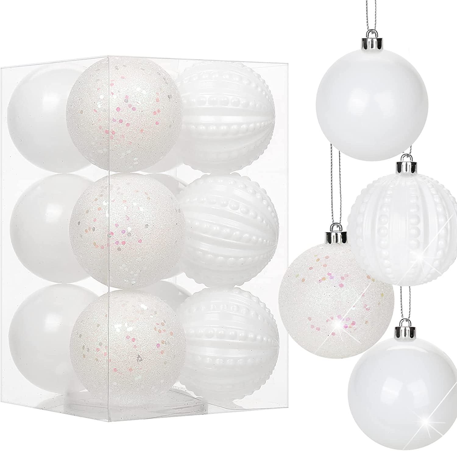 3.15" Pearl White Christmas Balls Ornaments 12 Pcs Shatterproof
