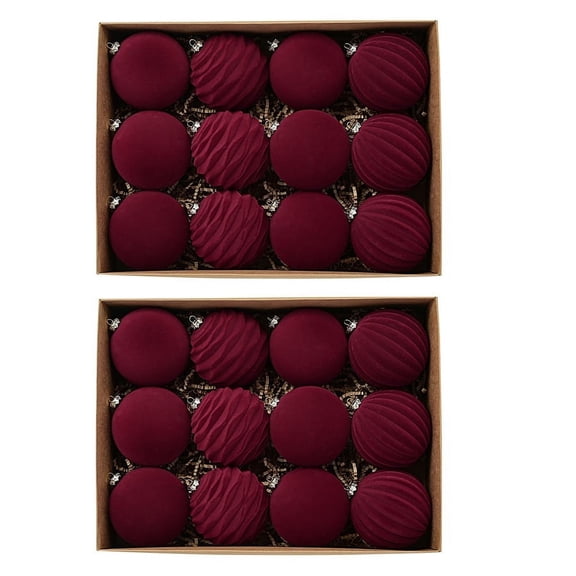 3.15" Velvet Christmas Balls Burgundy Xmas Tree Hanging Ornaments Shatterproof Decorations Pendants 24pcs with Gift Box