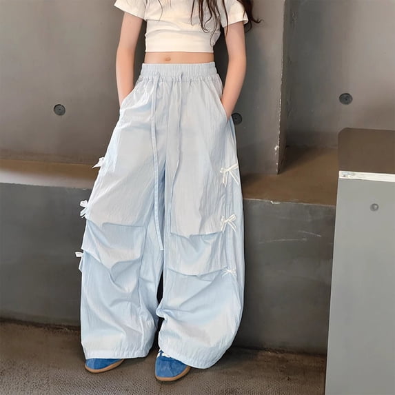 3-15 Years Girls' Casual Solid Color Adjustable Lace Up Mid Waist Loose Cropped Pants Long Pants