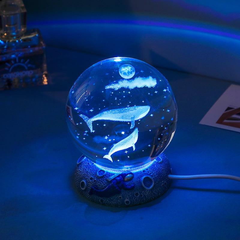3.15 inch 3D Crystal Ball Night Light with Resin Base,Birthday Christmas Festive Days Gift，Deep Sea Whale