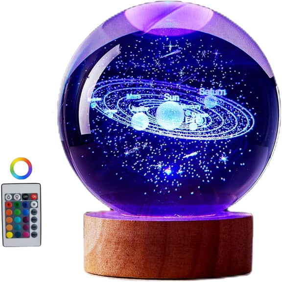 3.15 inch Solar System Crystal Ball lamp,3D K9 Crystal Ball Night Light with Wooden Base,16 Colors Change with Remote Control,Galaxy Light,Birthday Gift for Friends (Solar System)