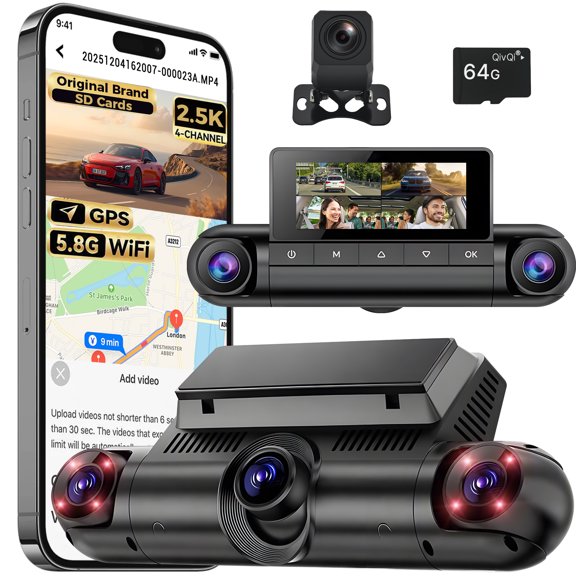 3.16" 4 Channel Dash Cam 2.5K+1080P 360 5G WiFi GPS For Car 64GB Card Recording Parking