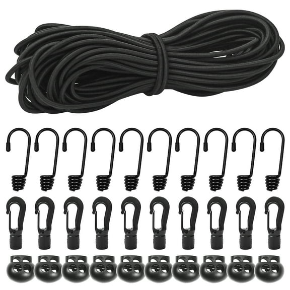 3/16"Bungee Shock Cords with Hooks,65 Feet Elastic Nylon Cords Kayak Stretch String Rope for Bikes,Tie Downs,Boating,Camping,Cars,Sunshades,Fitness and Outdoor Enthusiasts(3/16 inch x 65 feet, Black)
