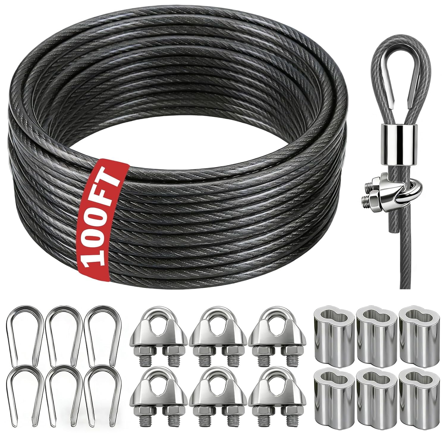 3/16 Inch Coated Steel Wire Rope 50ft/100ft Braided Metal Cable Kit for ...