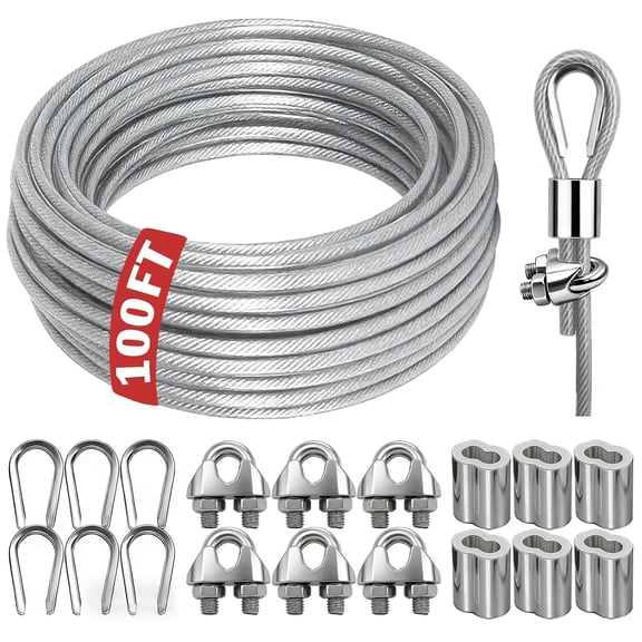 3/16 Inch Coated Steel Wire Rope 50ft/100ft Braided Metal Cable Kit for Outdoor Hanging String Lights and Clotheslines for Garden, Patio, Camping