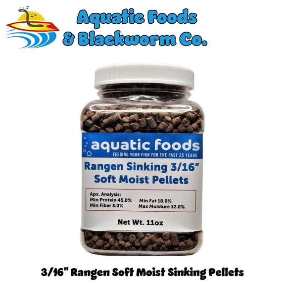 3/16" Soft Moist Sinking Rangen Salmon Pellets for Adult Axolotls, Shrimp, Snails, Crabs, Small Amphibians, Bottom Tropical Fish ..11oz Small Jar