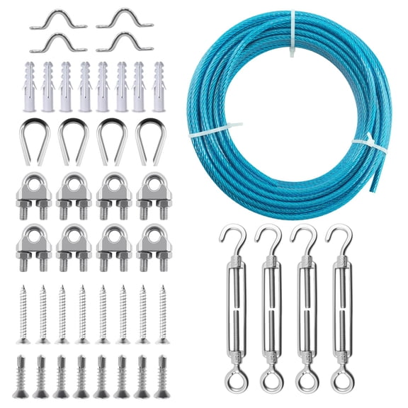 3/16" Sunshade Sail Hardware Kit, Turnbuckles for Cables Wires, PVC Coated Wire Rope Kits, 100Ft Stainless Steel Cable for Clothes Line Wires, String Light Hanging and Garden Plant Trellis