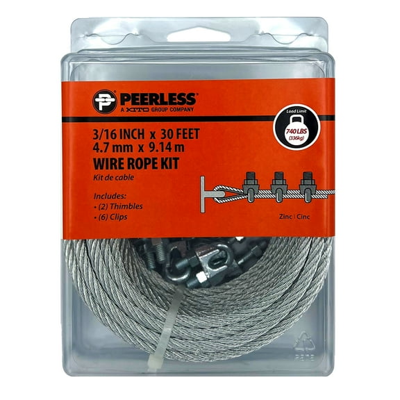 3/16" Wire Rope Kit, 30', 2 Thimbles and 6 Clips Included, Zinc, Peerless Chain Company, #4742760
