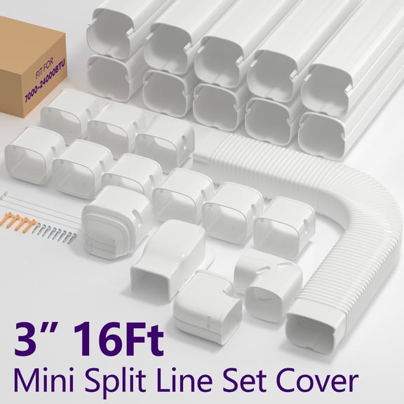 KINDEEP 3" 16Ft Mini Split Line Set Cover Kit, Minisplit AC Line Cover with Flexible Duct, PP Decorative Pipe Linecover for AC, HVAC and Heat Pump