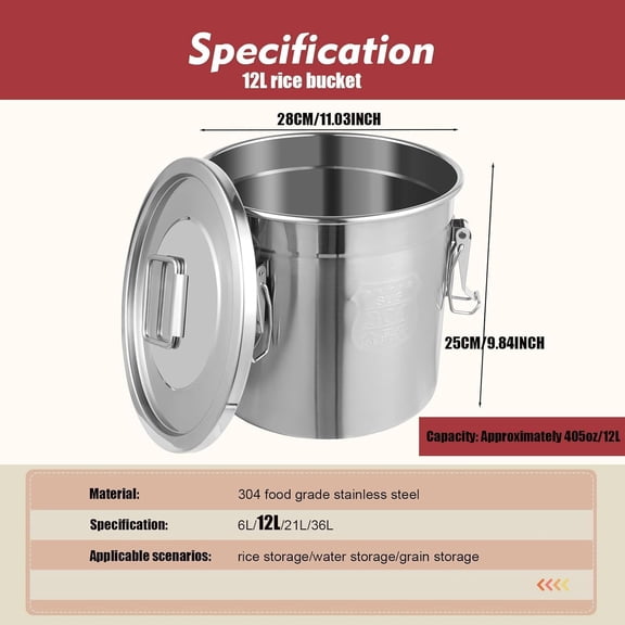 3.17Gal 304 Stainless Steel Airtight Canister, Metal Bucket Large Storage Container with Locking Clamp for Dog Food Bird Seed Coffee
