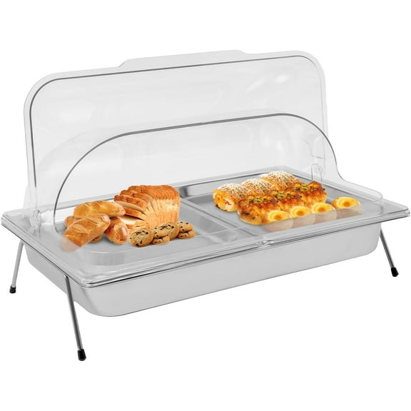 3.17Qt Ice Food Serving Display Tray with Clear Roll Top Cover, Party Platter Dish Plate Case 2 Tray, Stainless Steel Food Serving Tray, Buffet Cold Serving Cooler Platter for Restaurant Party