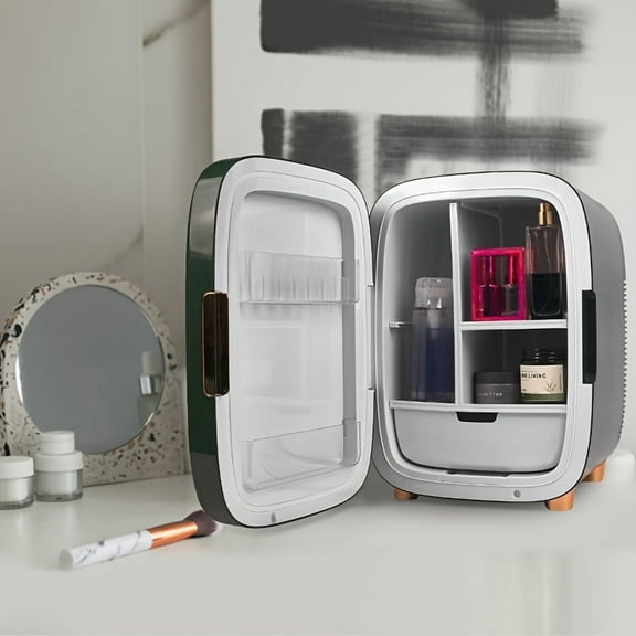3.17gal Portable LED Mini Fridge For Makeup And Skincare - Hot And Cold Storage, Green ABS Design With Mirror Door And LED Lighting, Perfect Holiday Gift For Friends, Care Goods Storage