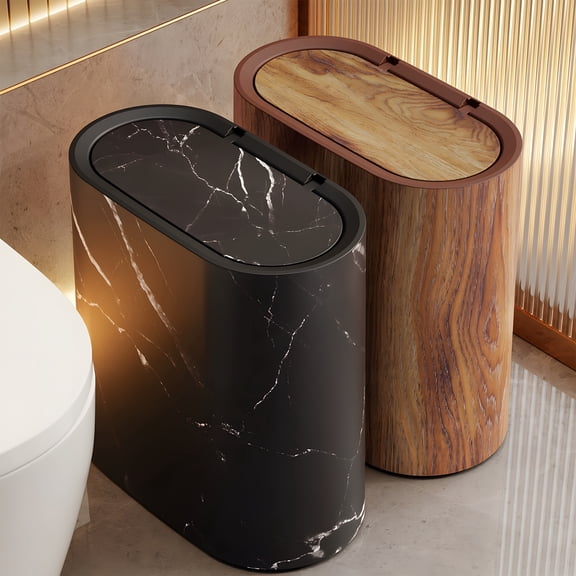 3.17gal Square Marble & Wood Grain Plastic Corner Trash Bin with Odor-Sealing Lid – Compact Design, No Electricity Needed, Fits Narrow Spaces for Bathroom & Kitchen