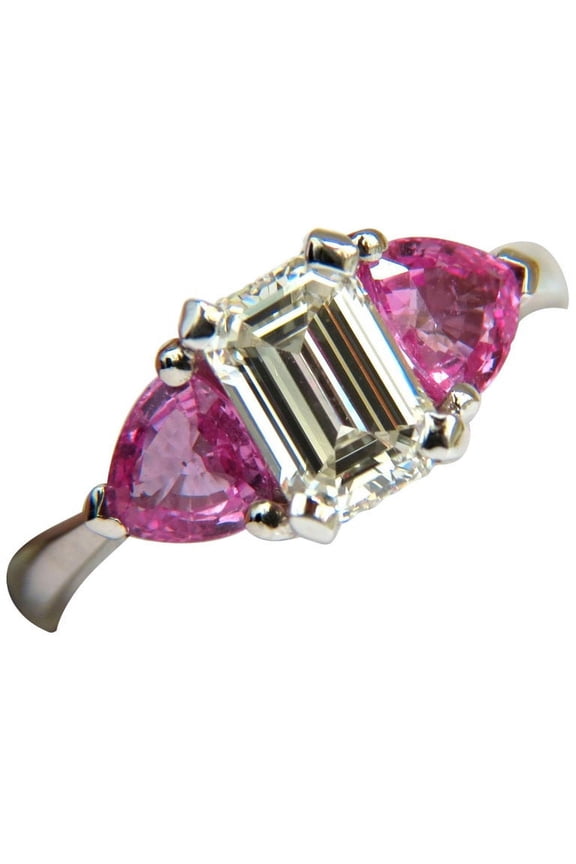 3.18CT NATURAL EMERALD CUT DIAMOND PINK SAPPHIRE RING 14KT