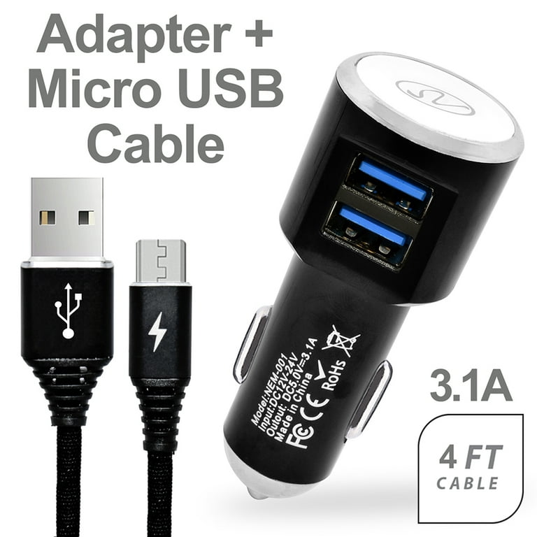 Modes Wireless 3.1a 2in1 Universal Dual USB Port Travel Car Charger with Micro USB Cable Black