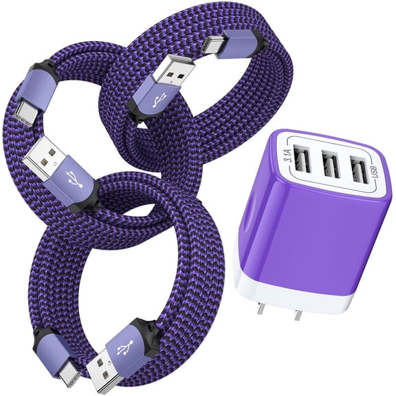 3.1A 3-Port USB C Charger Block Fast Wall Charger with 3Pcs 6FT Braided Cable, Power Adapter Compatible with iPhone 17/16/15 Pro Max iPad Pro Galaxy S26 Android, Purple
