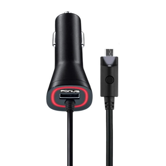 3.1Amp Rapid Car Charger DC Power Adapter USB Port MicroUSB Coiled Cable Touch Activated LED Light Black Compatible With Alcatel Onyx - Samsung Galaxy Halo